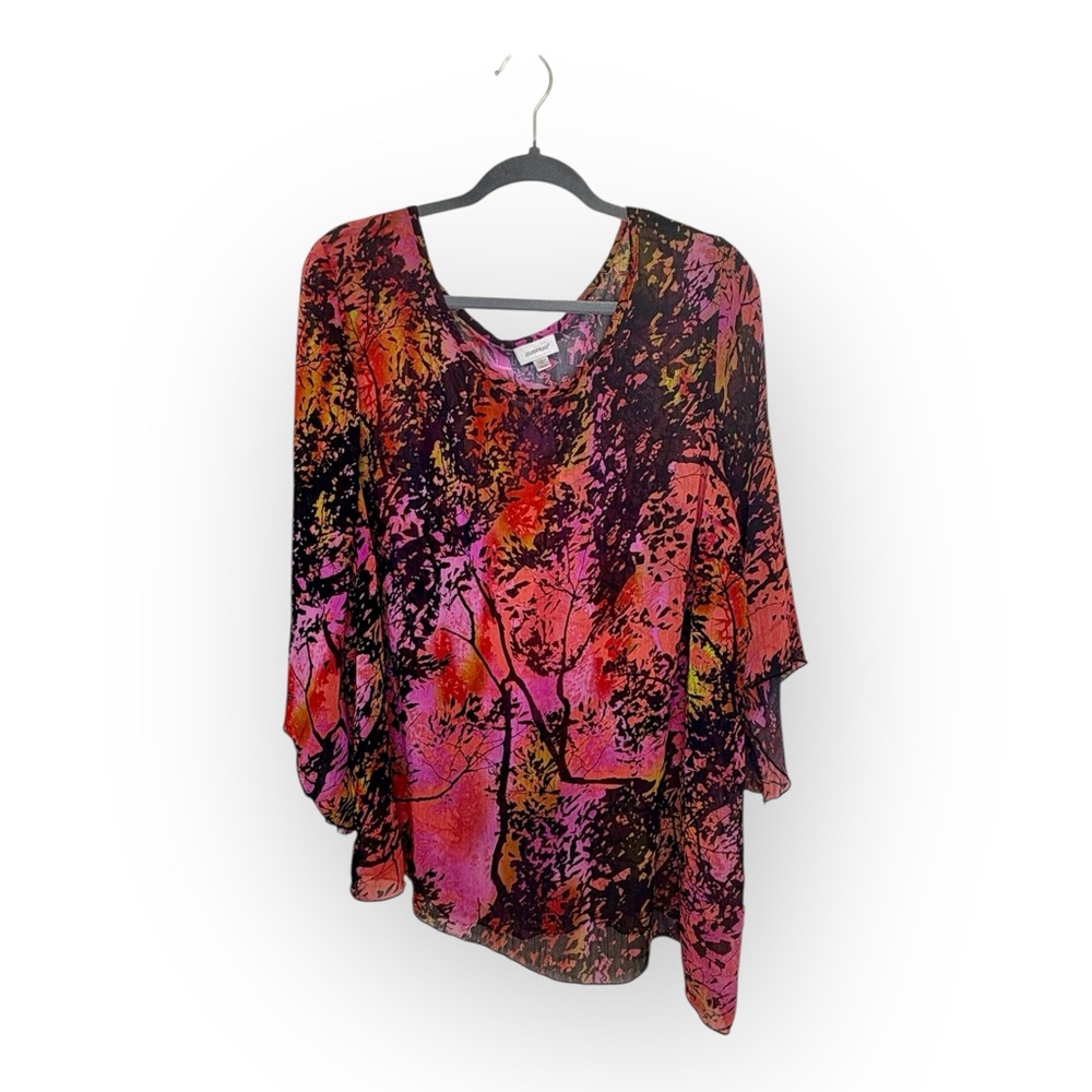 Avenue Abstract Pink Black Sheer Blouse Flowy Boho Tunic Top 22/24